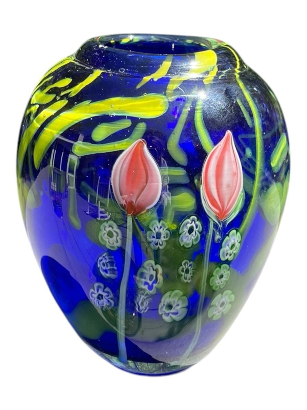 Arthur Kusak Studio Hand-Blown Vintage Glass Vase Cobalt Blue Millefiori Floral